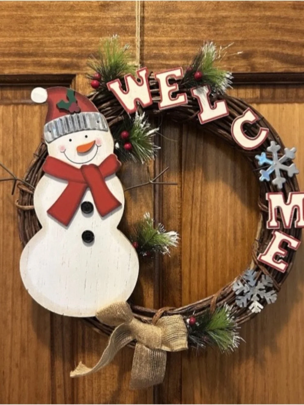 Christmas Welcome Wreath Door Decor Wall Hanging Wood Snowman Rustic Handcrafted
